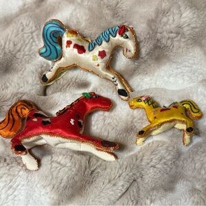 3 Silk Embroidered Animal Ornaments Horses Folk Colorful